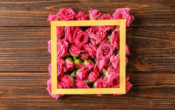 Composition Beautiful Blooming Flowers Frame Wooden Table — Stock Photo, Image