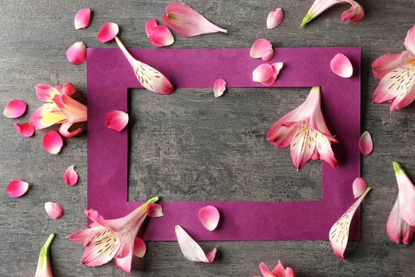 Composition Beautiful Flowers Frame Grey Wooden Table — Stock Photo, Image