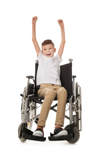 Niño Feliz Silla Ruedas Sobre Fondo Blanco — Foto de Stock