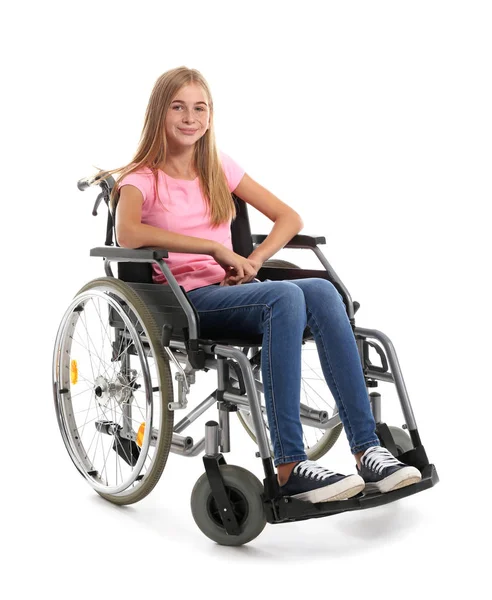 Εφηβικό Κορίτσι Αναπηρική Καρέκλα Λευκό Φόντο — Φωτογραφία Αρχείου