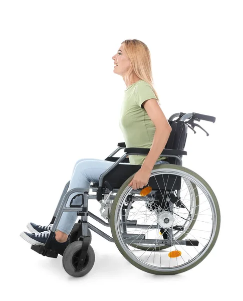 Красивая Женщина Инвалидной Коляске Белом Фоне — стоковое фото