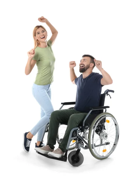 Hombre Silla Ruedas Con Hermosa Mujer Bailando Sobre Fondo Blanco — Foto de Stock