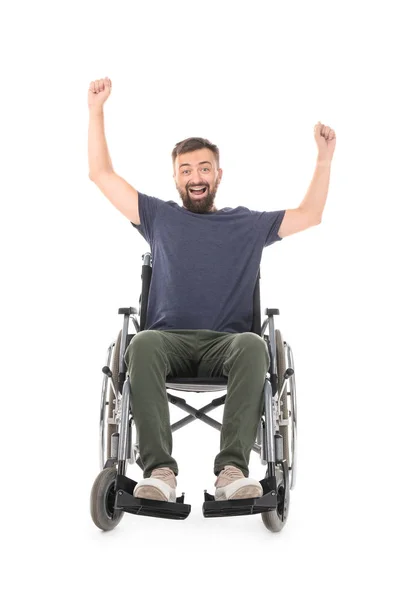 Szczęśliwy Człowiek Wózku Inwalidzkim Białym Tle — Zdjęcie stockowe