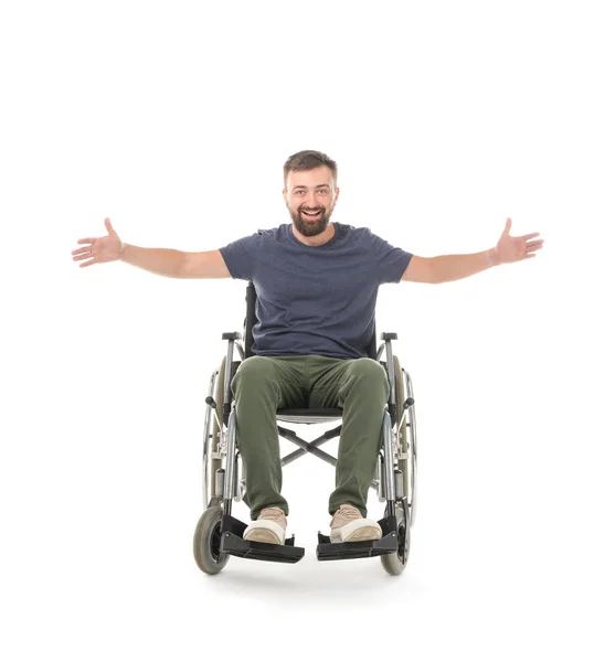 Beyaz Arka Plan Üzerinde Tekerlekli Sandalyede Mutlu Adam — Stok fotoğraf