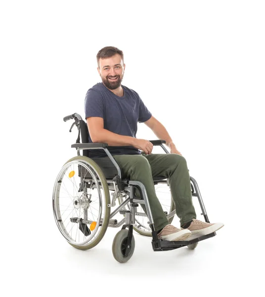 Homem Feliz Cadeira Rodas Fundo Branco — Fotografia de Stock