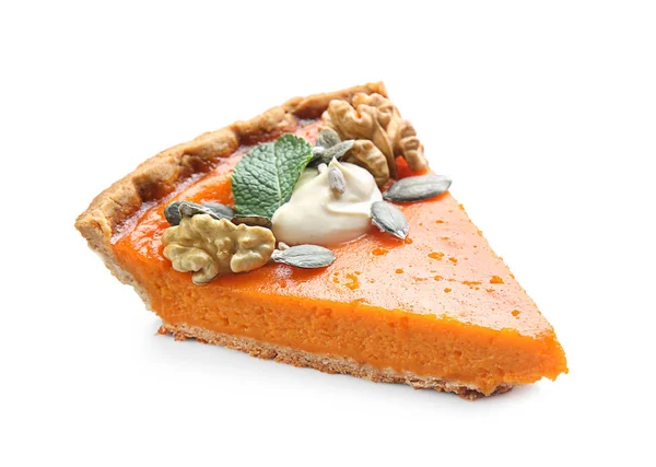 Piece Tasty Pumpkin Pie White Background — Stock Photo, Image