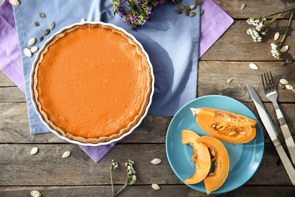 Composition Tasty Pumpkin Pie Wooden Table Top View — Stock Photo, Image