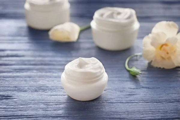 Jars Body Cream Wooden Table — Stock Photo, Image