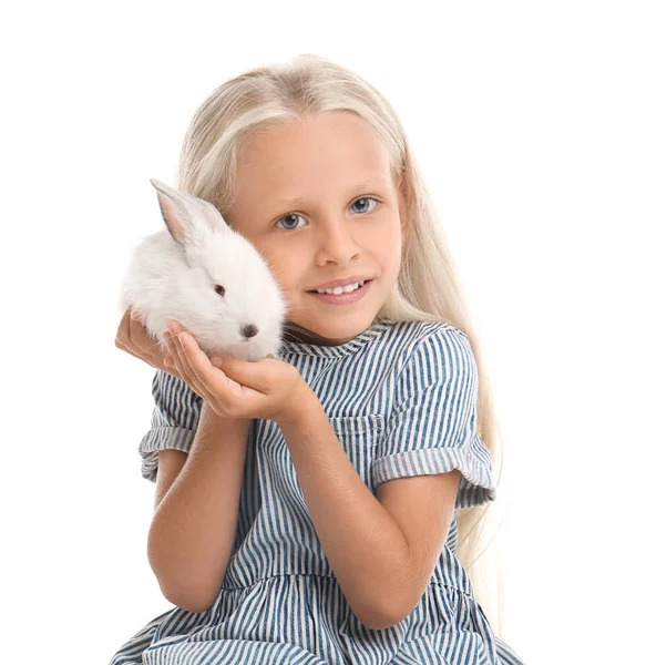 Beyaz Arka Plan Üzerinde Sevimli Tavşan Ile Küçük Kız — Stok fotoğraf