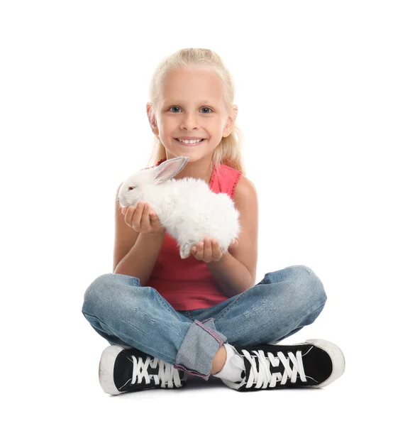 Little Girl Cute Rabbit White Background — Stock Photo, Image