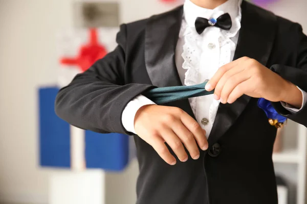 Cute Little Magician Showing Trick Indoors Closeup — Stock Photo, Image