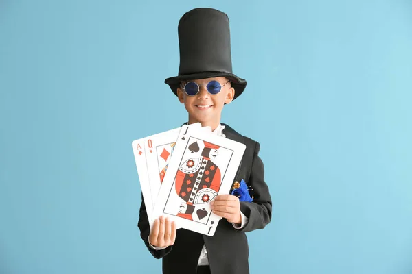 Cute Little Magician Cards Color Background — Stock Photo, Image