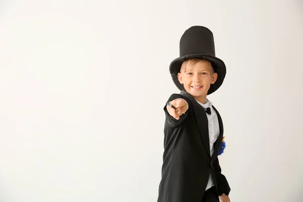 Cute Little Magician Showing Tricks White Background — Stock Photo, Image