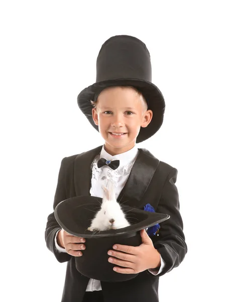 Niedlichen Kleinen Zauberer Mit Hut Mit Kaninchen Auf Weißem Hintergrund — Stockfoto