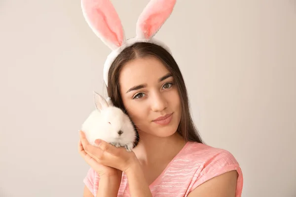 Beautiful Young Woman Bunny Ears Cute Rabbit Light Background — Stock Photo, Image