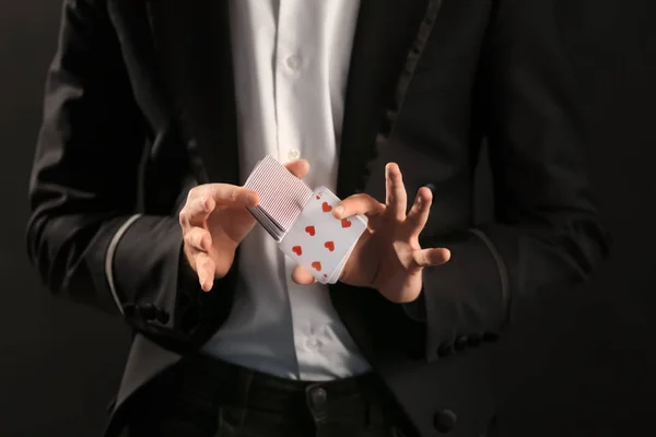 Magician Showing Tricks Cards Dark Background Closeup — Stock Photo, Image