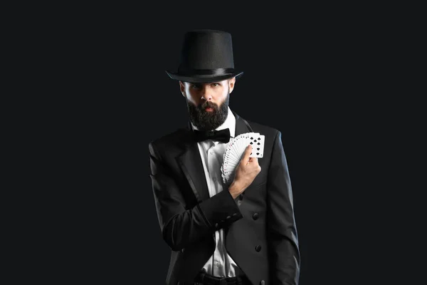 Magician Showing Tricks Cards Dark Background — Stock Photo, Image