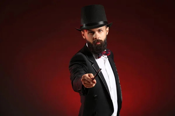 Magician Showing Tricks Dark Background — Stock Photo, Image