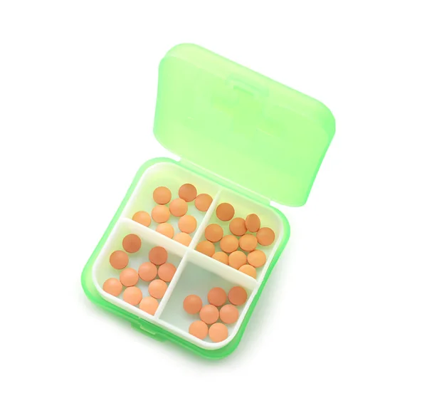 Plastikbehälter Mit Pillen Auf Weißem Hintergrund — Stockfoto