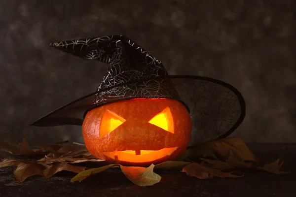 Halloween Pumpkin Witch Hat Dark Background — Stock Photo, Image