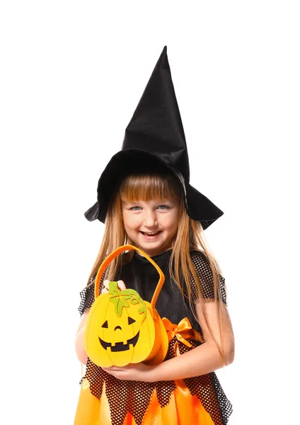 Söt Liten Flicka Klädd Som Häxa För Halloween Vit Bakgrund — Stockfoto