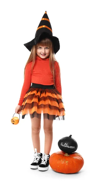 Aranyos Kis Lány Öltözött Boszorkány Halloween Fehér Háttér — Stock Fotó