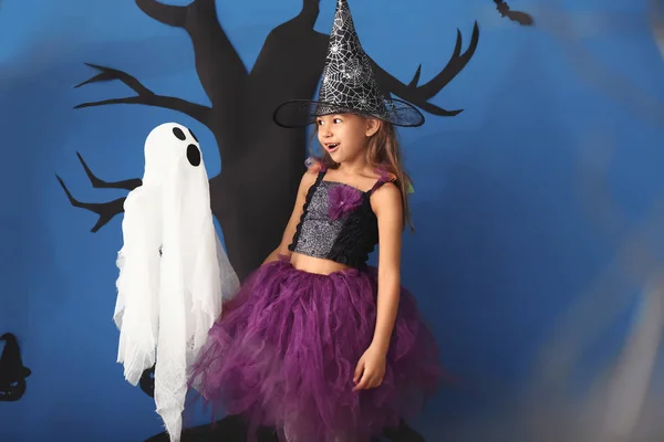 Cute Little Girl Dressed Witch Halloween Funny Ghost Color Wall — Stock Photo, Image