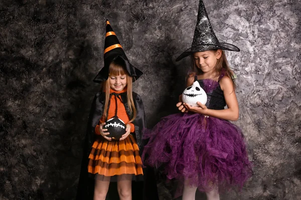 Cute Little Girls Dressed Witches Halloween Dark Wall — Stock Photo, Image