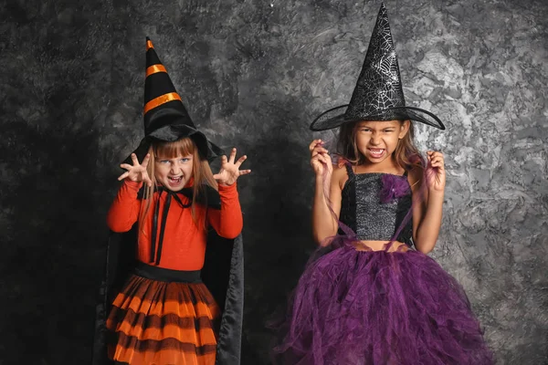 Cute Little Girls Dressed Witches Halloween Dark Wall — Stock Photo, Image