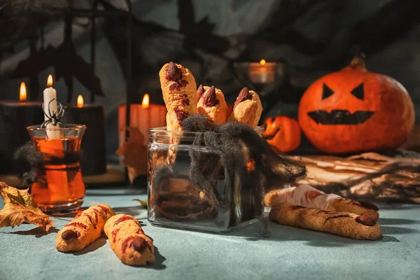 Słoik Kreatywnych Plików Cookie Przygotowany Halloween Party Stole — Zdjęcie stockowe