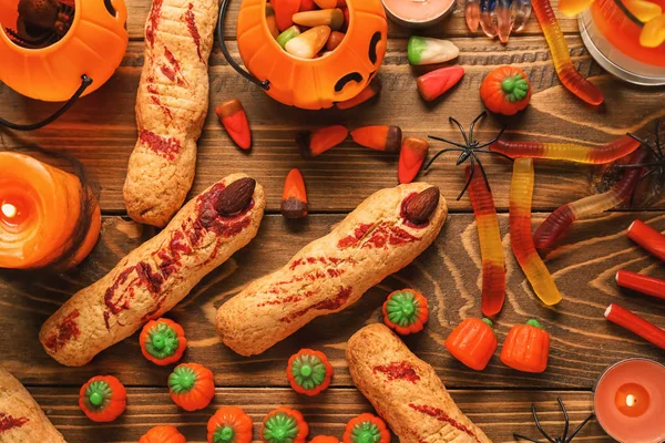 Creative Słodkości Przygotowane Dla Halloween Party Drewnianym Stole — Zdjęcie stockowe