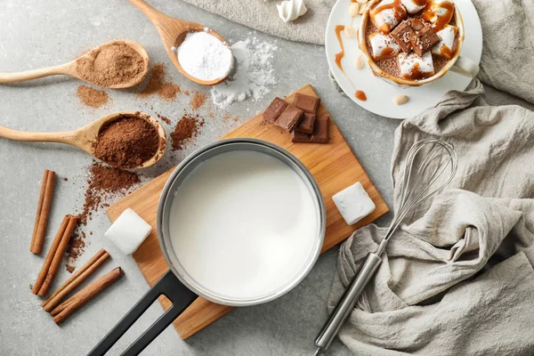 Cup Hot Chocolate Ingredients Grey Table — Stock Photo, Image