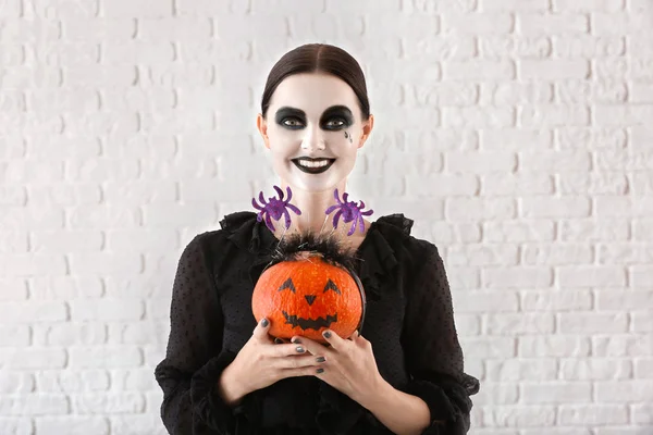 Beautiful Woman Dressed Halloween Pumpkin White Background — Stock Photo, Image