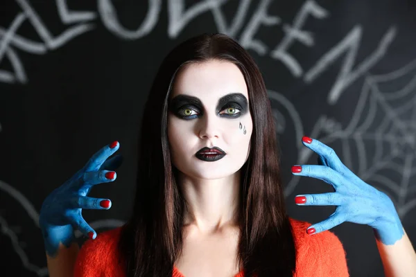 Hands Monster Touching Young Woman Halloween Makeup Dark Background — Stock Photo, Image