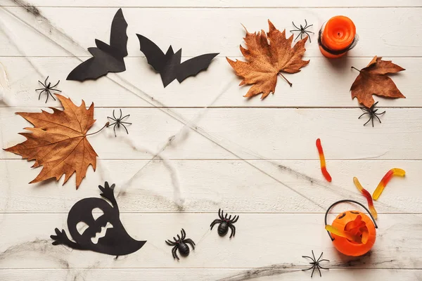 Creative Decorations Halloween Party White Wooden Background — Stock Photo, Image