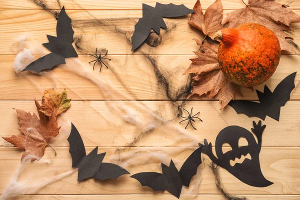 Decorazioni Creative Halloween Party Sfondo Legno — Foto Stock