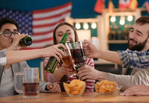 Group Cheerful Friends Drinking Beer Bar — Stock Photo, Image