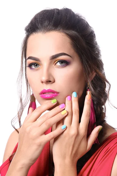 Mooie Jonge Vrouw Met Kleurrijke Manicure Witte Achtergrond — Stockfoto