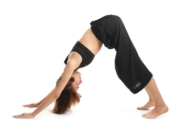 Sportig Kvinna Utövar Yoga Vit Bakgrund — Stockfoto