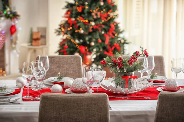 Tavola Servita Cena Natale Salotto — Foto Stock