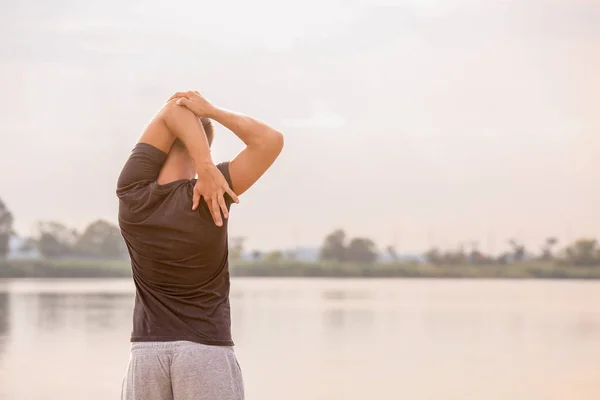 Sporty Young Man Training Outdoors River — Stock Photo, Image