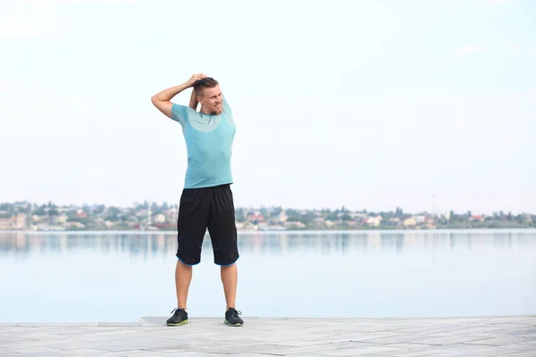 Sporty Young Man Training Outdoors River — Stock Photo, Image