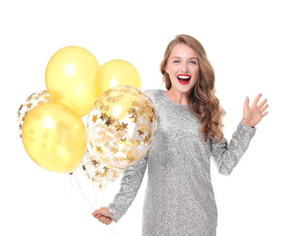 Hermosa Joven Con Globos Sobre Fondo Blanco — Foto de Stock