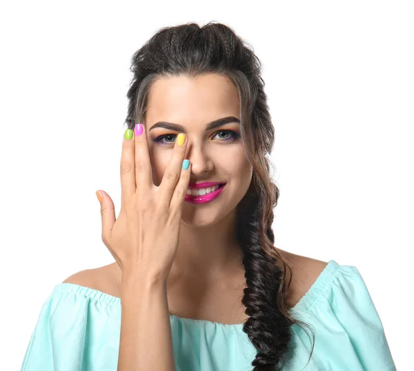 Hermosa Mujer Joven Con Manicura Colorida Sobre Fondo Blanco —  Fotos de Stock