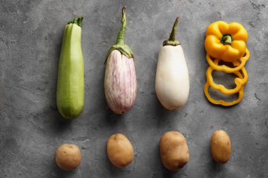 Gri arka plan üzerinde çeşitli sebze ile düz yatıyordu kompozisyon