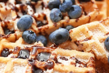 Lezzetli waffle çikolata şurubu ve yaban mersini, closeup ile