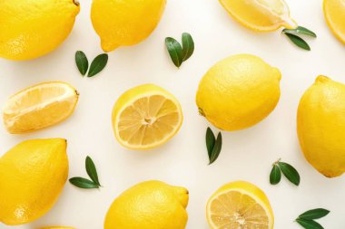 Taze limon ve yeşil yaprakları beyaz zemin üzerine düz yatıyordu