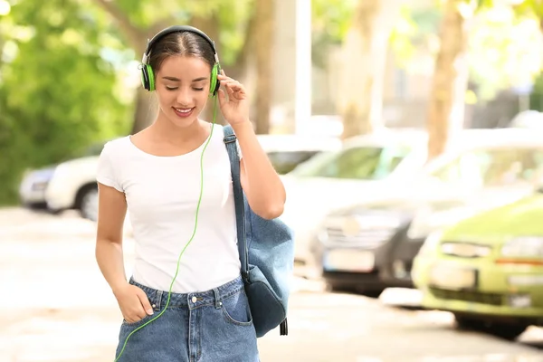 Beautiful Young Woman Listening Music Outdoors — Stock Photo, Image