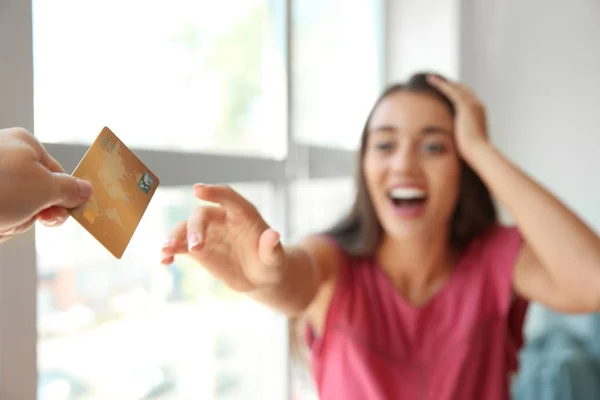 Happy Young Woman Stretching Hand Credit Card — Stock Photo, Image