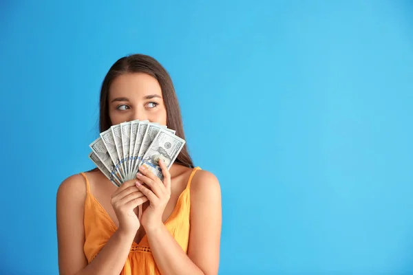 Happy Young Woman Money Color Background — Stock Photo, Image